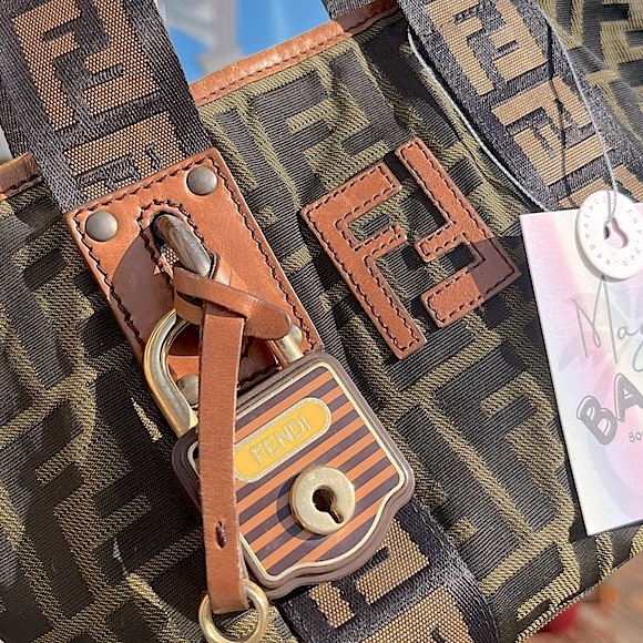 Fendi: Mini Padlock & Key Zucca FF Monogram Nylon Leather Brown Tote Bag *RARE* - Picture 5 of 17